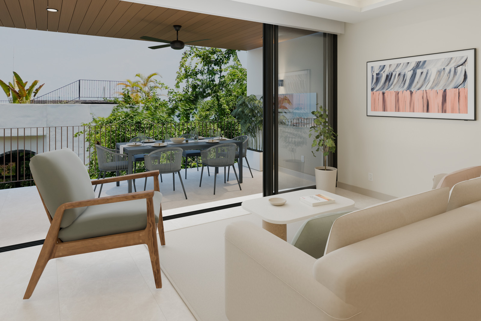 Light-filled living room opening onto Alva’s terrace